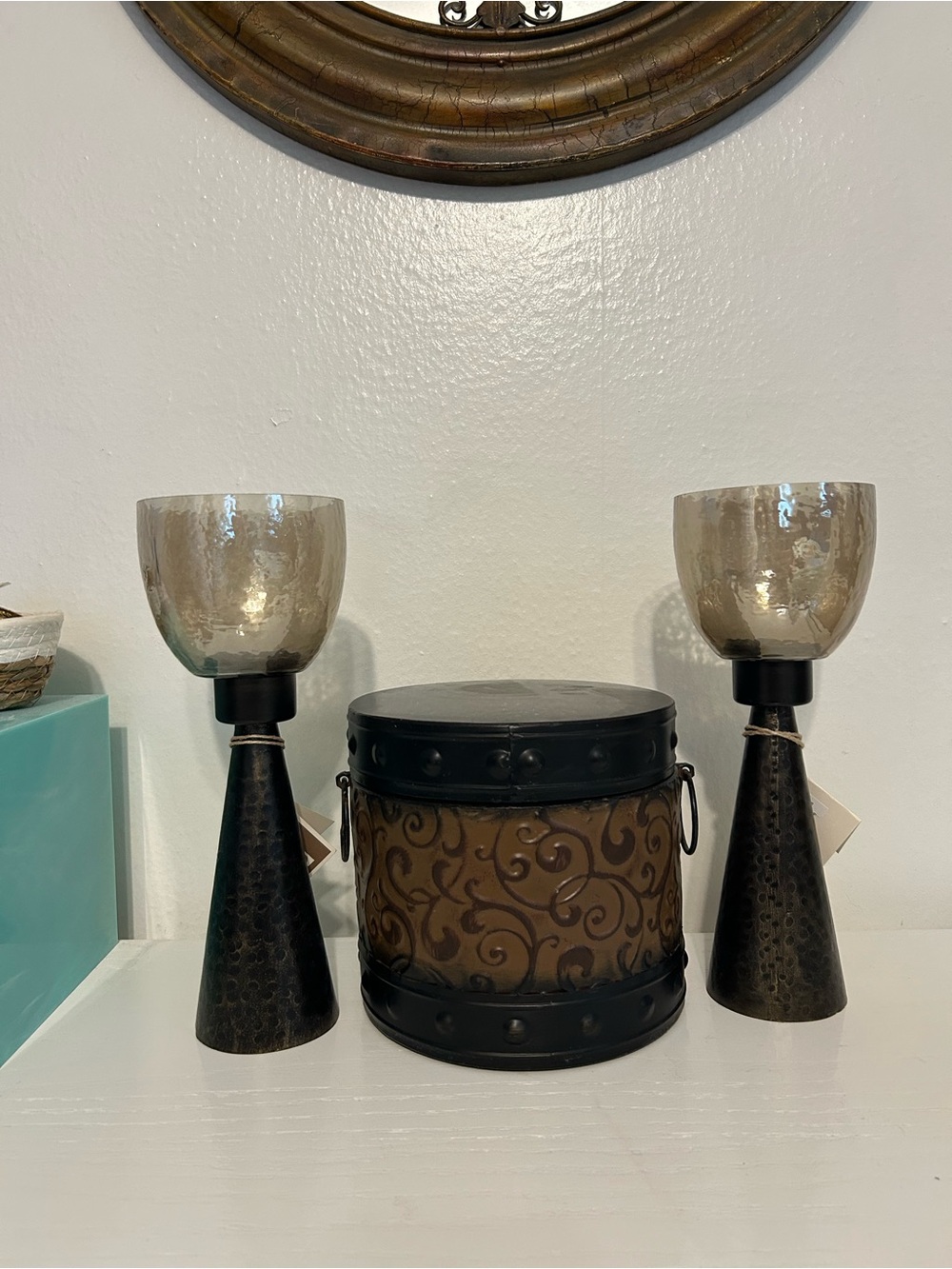 Decorative Brown and Black Accent Candle Holders and Storage Drum